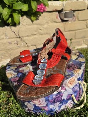 Sam Edelman Red Jeweled T-Strap Sandals